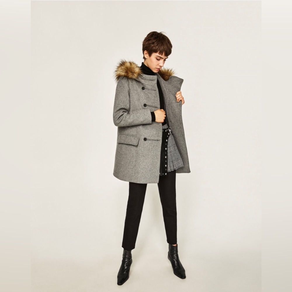 NWT ZARA WOOL DUFFLE COAT WITH FAUX FUR HOOD XS GREY